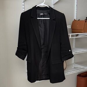 Zara Black Open-Front Blazer with Rolled 3/4 Sleeves